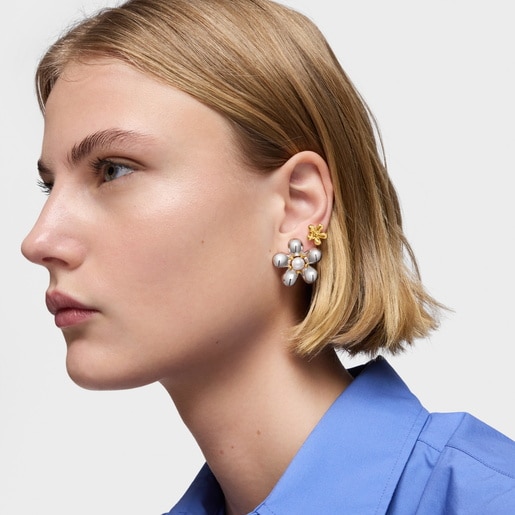 Two-tone flower Earrings with  mm cultured pearls Daisy