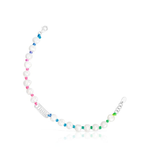 Pulseira em nylon multicolor, prata e pérolas cultivadas Logo