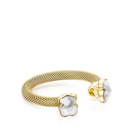 Gold-colored IP Steel Mesh Color open Ring with Howlite