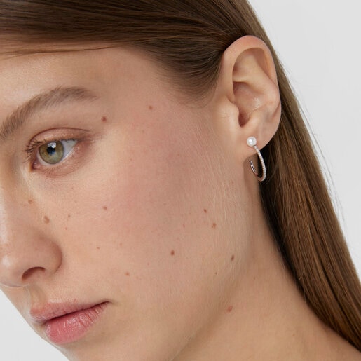 Pendientes aro grandes Les Classiques de Oro blanco con Diamantes y Perla