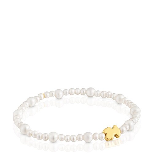 Elastic cultured pearl Bracelet with gold bear motif Sweet Dolls
