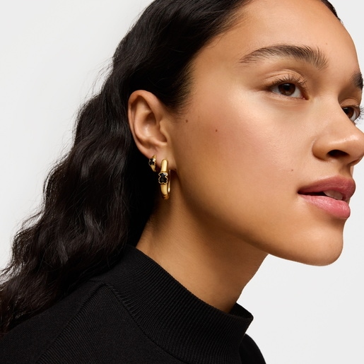 Pendientes de aro con baño de oro 18 kt sobre plata y motivo oso en ónix 26 mm Icon Color