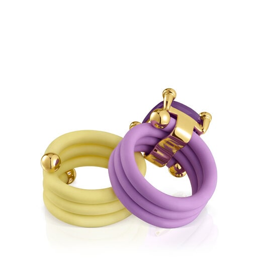Pack of mauve and yellow St. Tropez Caucho Rings with gemstones