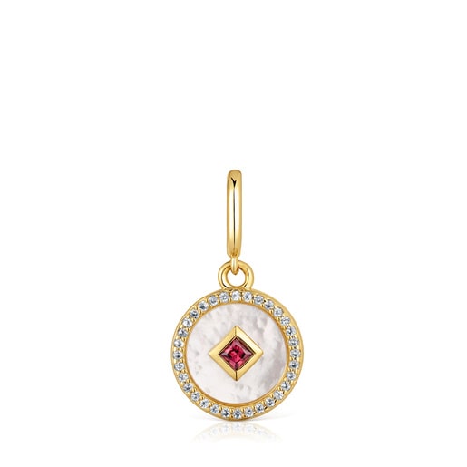Medallion Pendant with 18kt gold plating over silver, nacre and gemstones Medallions