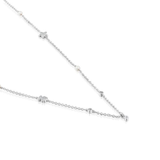 Krátky Náhrdelník z bieleho zlata s diamantmi, kultivovanými perlami a motívmi TOUS Grain