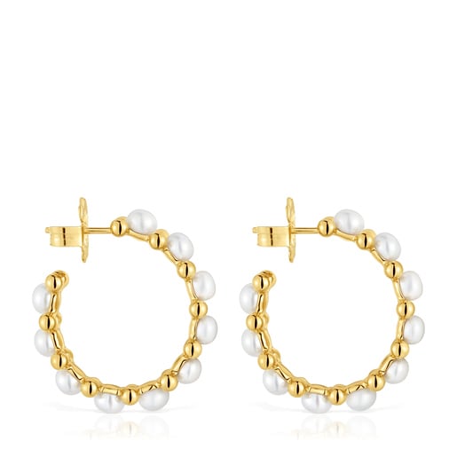 Triple Hoop earrings with 18kt gold plating over silver and cultured pearls Gloss