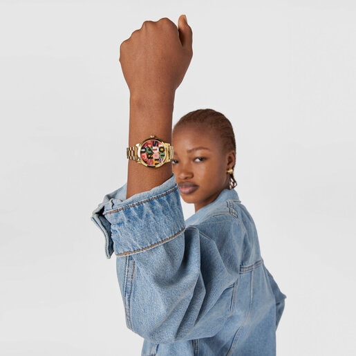 Gold colored IP steel TOUS Mimic Analogue watch with print