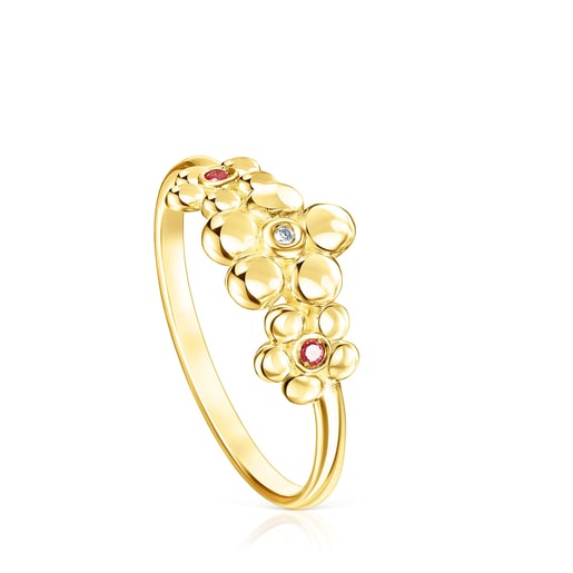 Gold Fragile Nature Ring with Diamond and Rubies