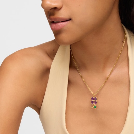 Pendant with 18kt gold plating over silver and gemstones Daisy
