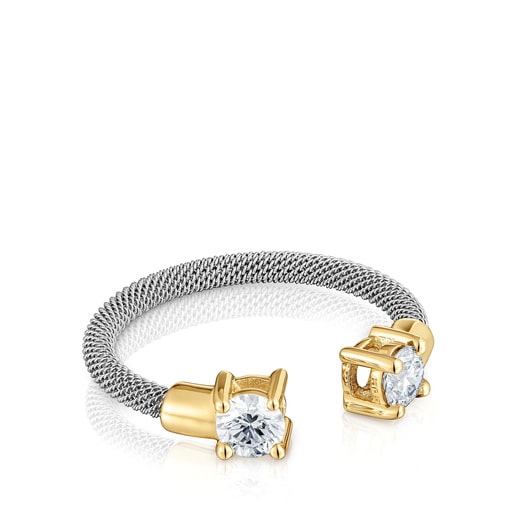 Anillo abierto de acero, oro 14 kt y diamantes creados en laboratorio TOUS Mesh LGD