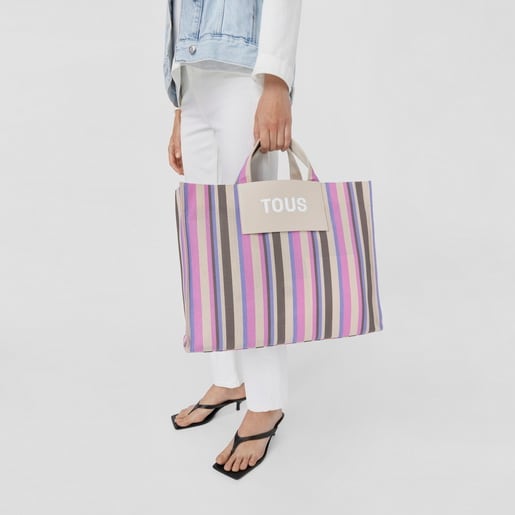 תיק קניות TOUS Stripes גדול מעור בצבעי ורוד ובז'