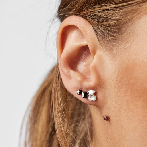 Silver Magic Nature bear-moon Earrings with onyx | TOUS