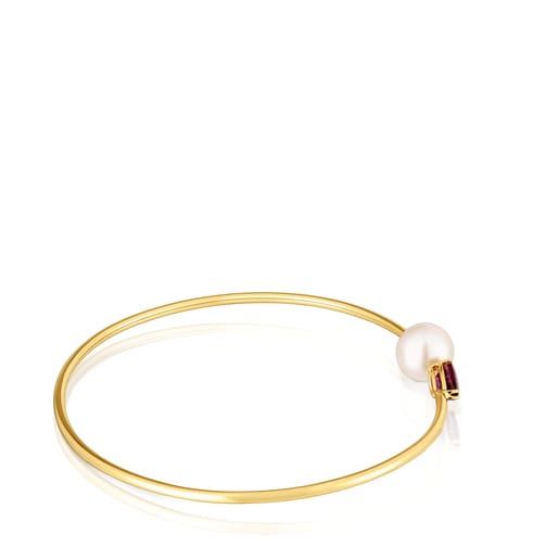 Gold Bangle with rhodolite and cultured pearl Ivette