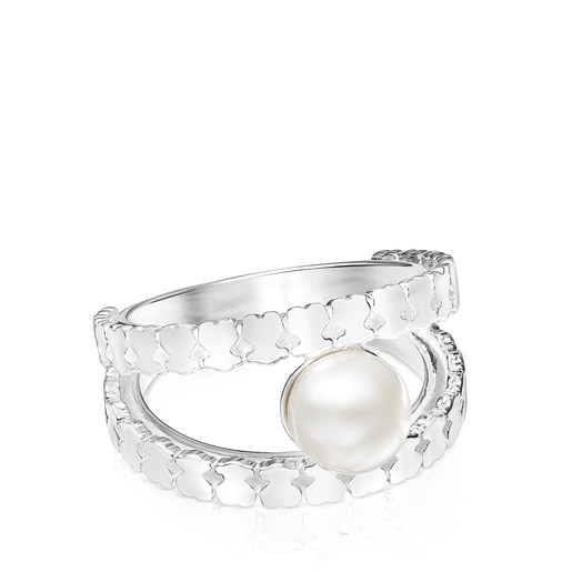 Silver Straight strips Ring with Pearl