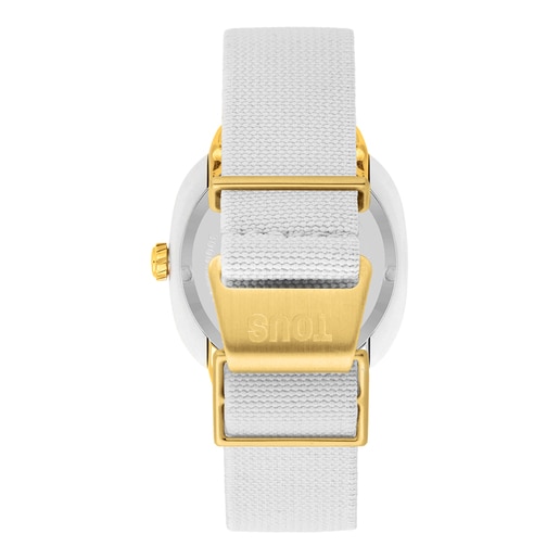 Reloj analógico de acero IPG dorado con brazalete elástico en color blanco Osier