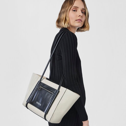 תיק קניות TOUS Empire בינוני מעור בצבעי בז' ושחור