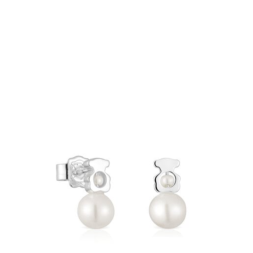 Small silver bear Earrings with cultured pearls I-Bear