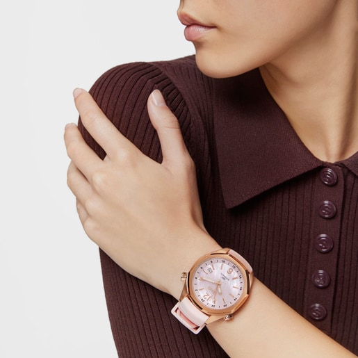 gmt automatic Watch with pink silicone strap, rose-colored IPRG steel case and mother-of-pearl face TOUS Now