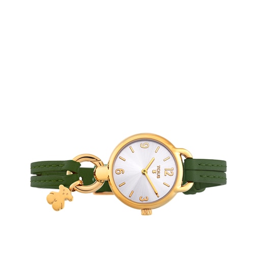 Gold-colored IP Steel Hold Watch with green Leather strap