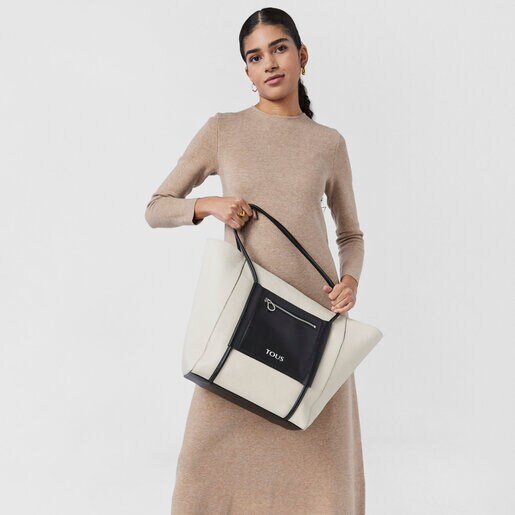 תיק קניות TOUS Empire גדול מעור בצבעי בז' ושחור