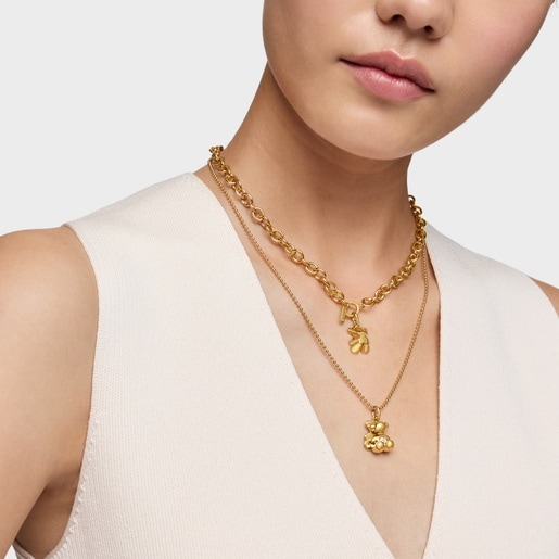 Dije doble oso con baño de oro 18 kt sobre plata y diamante creado en laboratorio Bold Bear