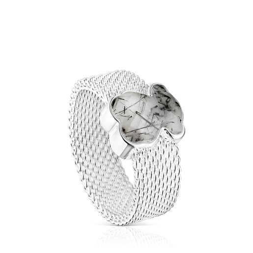 Silver Ring with faceted Tourmalinated quartz Bear motif TOUS Mesh Color |  TOUS