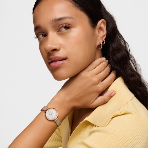 Reloj analógico/digital con brazalete de acero, acero rosado y esfera de nácar Icon Charms