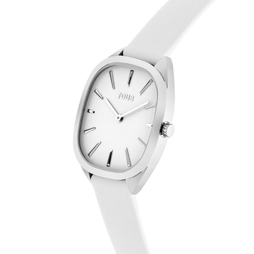 Reloj analógico de acero con correa de piel blanca Heritage