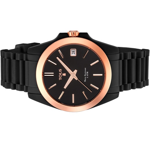 Rose IP Steel Drive Fun Watch with black Silicone strap