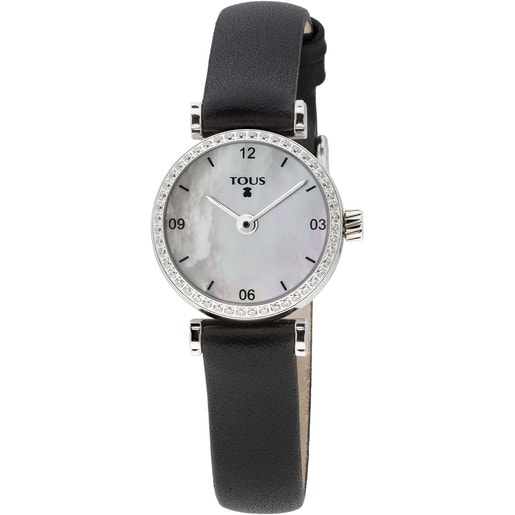Steel Camille Watch with Diamonds, Sapphire, Mother-of-pearl and black Leather strap