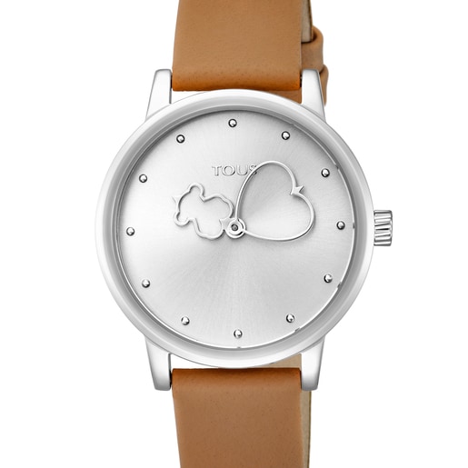 Montre Bear Time en acier avec bracelet en cuir marron