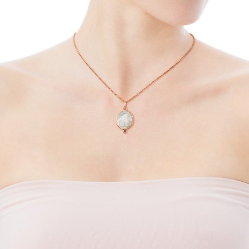 Rose Vermeil Silver Camee Pendant with Mother-of-Pearl and Spinel