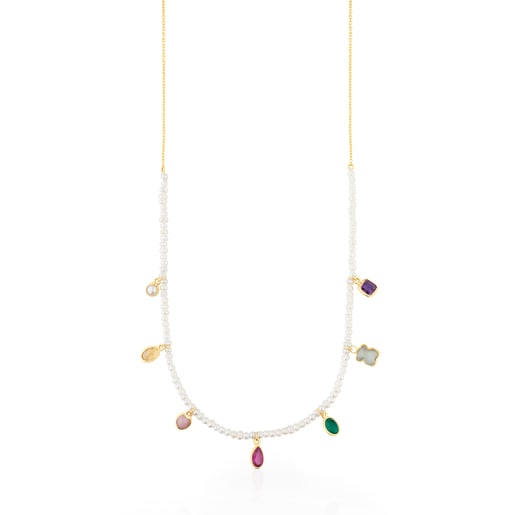 Gold Gem Power Necklace with Pearls and seven multicolor Gemstones. 17 18/25