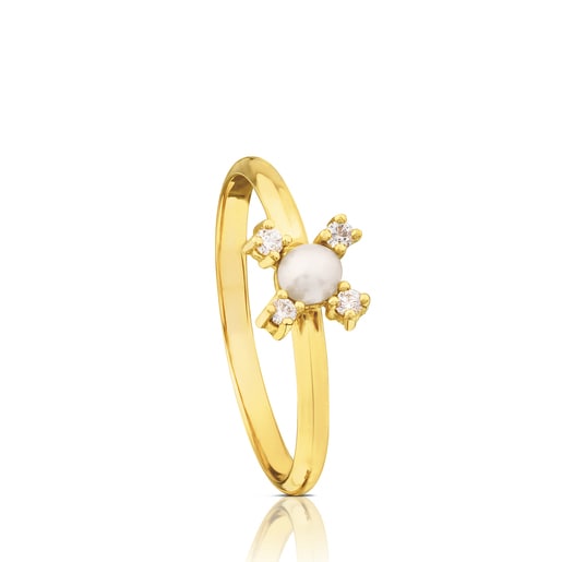 Gold Eklat Ring with four Diamonds and Pearl