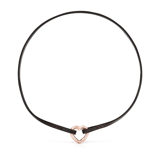 Collar Hold corazón con baño de oro rosa 18 kt sobre plata y Cuero marrón