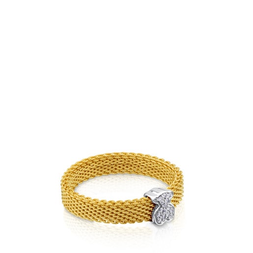 Gold Icon Mesh Ring with Diamonds little Bear motif