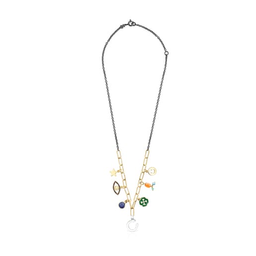 Collar TOUS Good Vibes charms de con baño de oro 18 kt sobre plata, plata dark silver y gemas