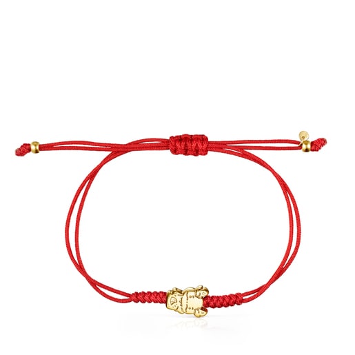 Armband Chinese Horoscope Dragon aus Gold mit roter Kordel