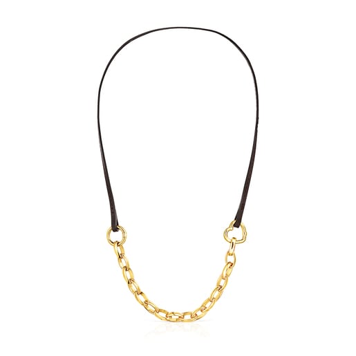 Pulsera - Collar Hold con baño de oro 18 kt sobre plata y cuero marrón