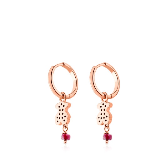 Rose Vermeil Silver TOUS Motif Earrings with Spinel and Ruby and Bear motif