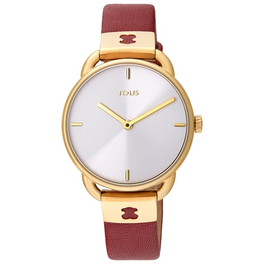 Gold-colored IP Steel Let Leather Watch with red Leather strap