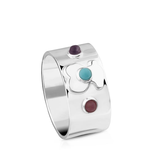 Ring Super Power aus Silber mit Amethyst, Keramik und Rhodonit