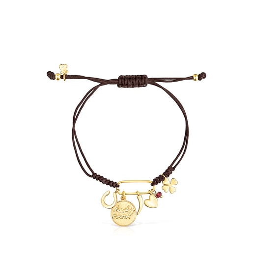 Pulsera TOUS Good Vibes Mama con baño de oro 18 kt sobre plata, rubí y cordón marrón