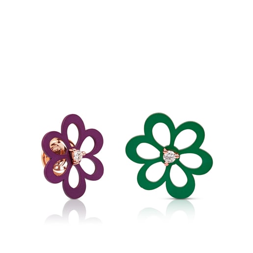 Rose Gold purple and green Titanium Flower ATELIER Earrings with Diamonds