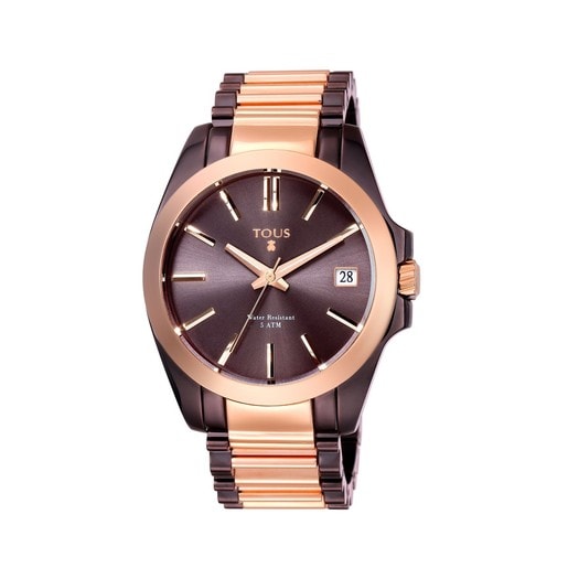 Two-tone pink/chocolate IP Steel Drive Combi Watch