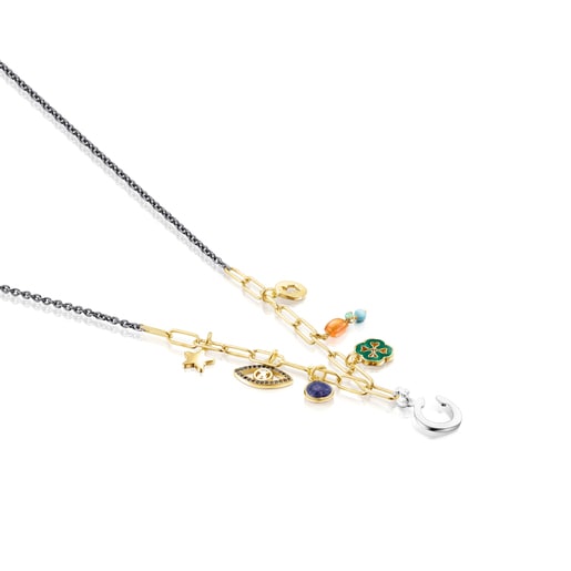Collar TOUS Good Vibes charms de con baño de oro 18 kt sobre plata, plata dark silver y gemas