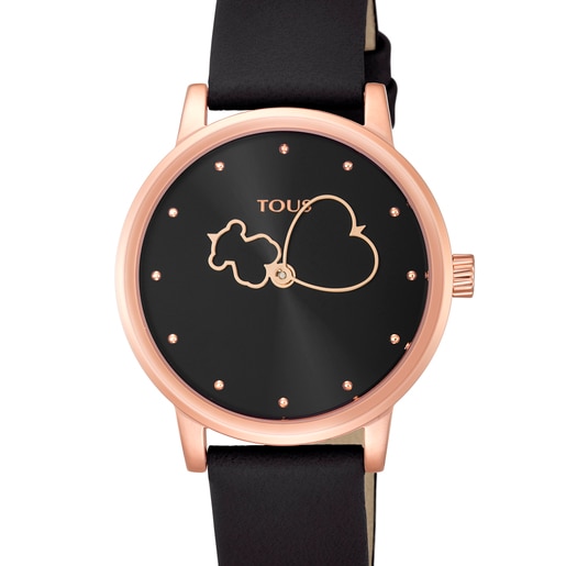 Reloj analógico Bear Time de acero IP rosado con correa de piel negra