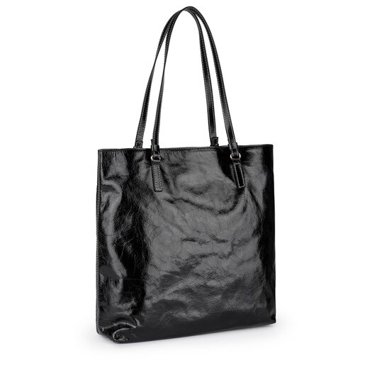 Duża torba na zakupy z kolekcji Tulia Crack wykonana z czarnej skóry.
