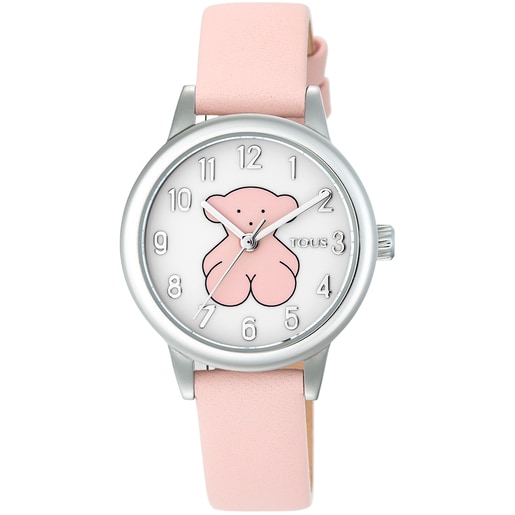 Montre New Muffin en acier avec bracelet en cuir rose