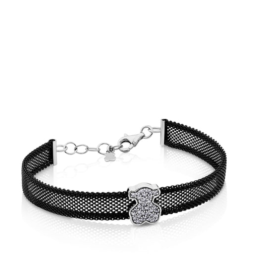 Black IP steel and White gold Bracelet with Diamonds Bear motif 0,8cm. 0,20ct  TOUS Icon Mesh | TOUS